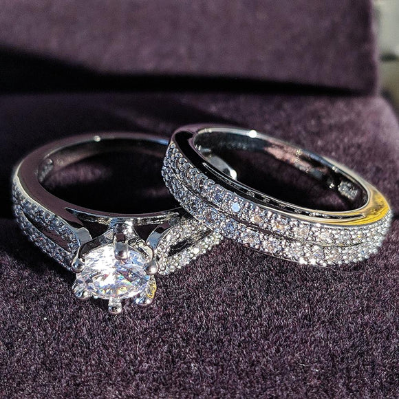 Wedding Silver and Zircon Ring Set