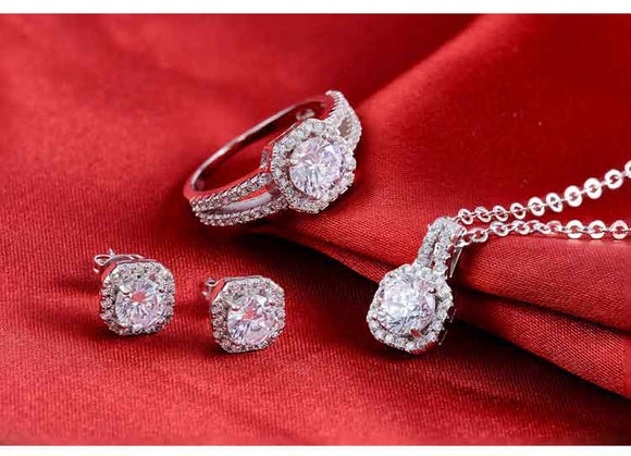 Zirconia Square Silver Set: Ring, Necklace, and Earrings